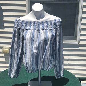 Aeropostale Off The Shoulder Long Sleeve Blue, White & Black Top Size Medium